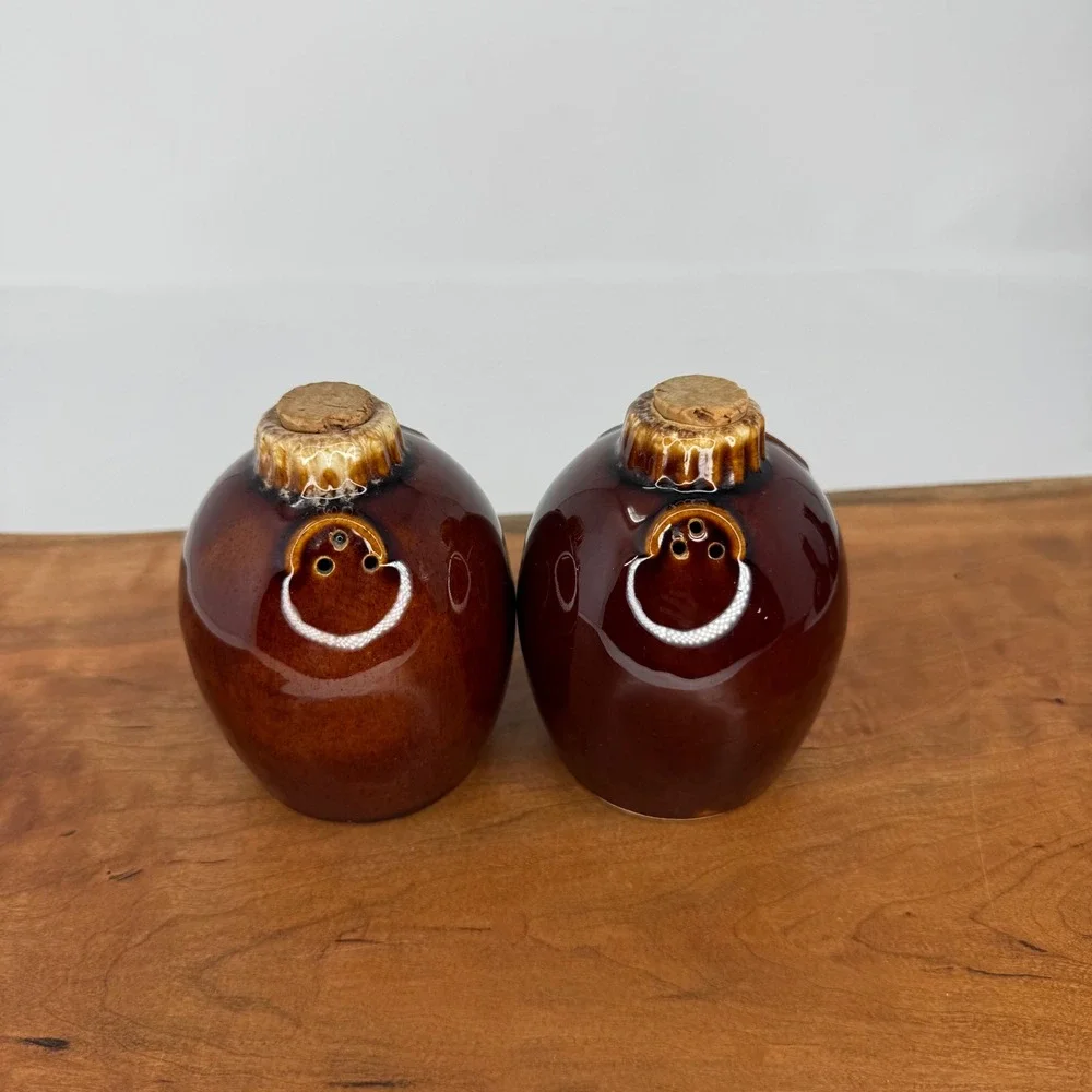 Vintage Hull Pottery Salt Pepper Oil Vinegar Set 4pc Mirror Brown Drip Glaze